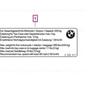 Transport gratuit Hinweisschild Zuladung Sitzplätze - BMW Motorrad